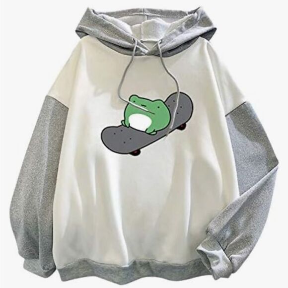 🌴 Cute Frog Skateboard Hoodie White Gray Size M - Picture 1 of 9